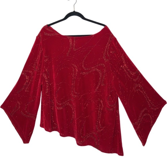 Praise Hymn Fashion Glitter Knit Asymmetrical Top with Split Flare Sleeve Red 3X - Picture 2 of 15